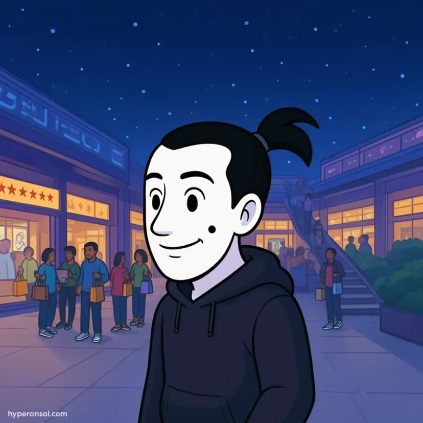 A man at a shopping surrounded by stars with a night sky